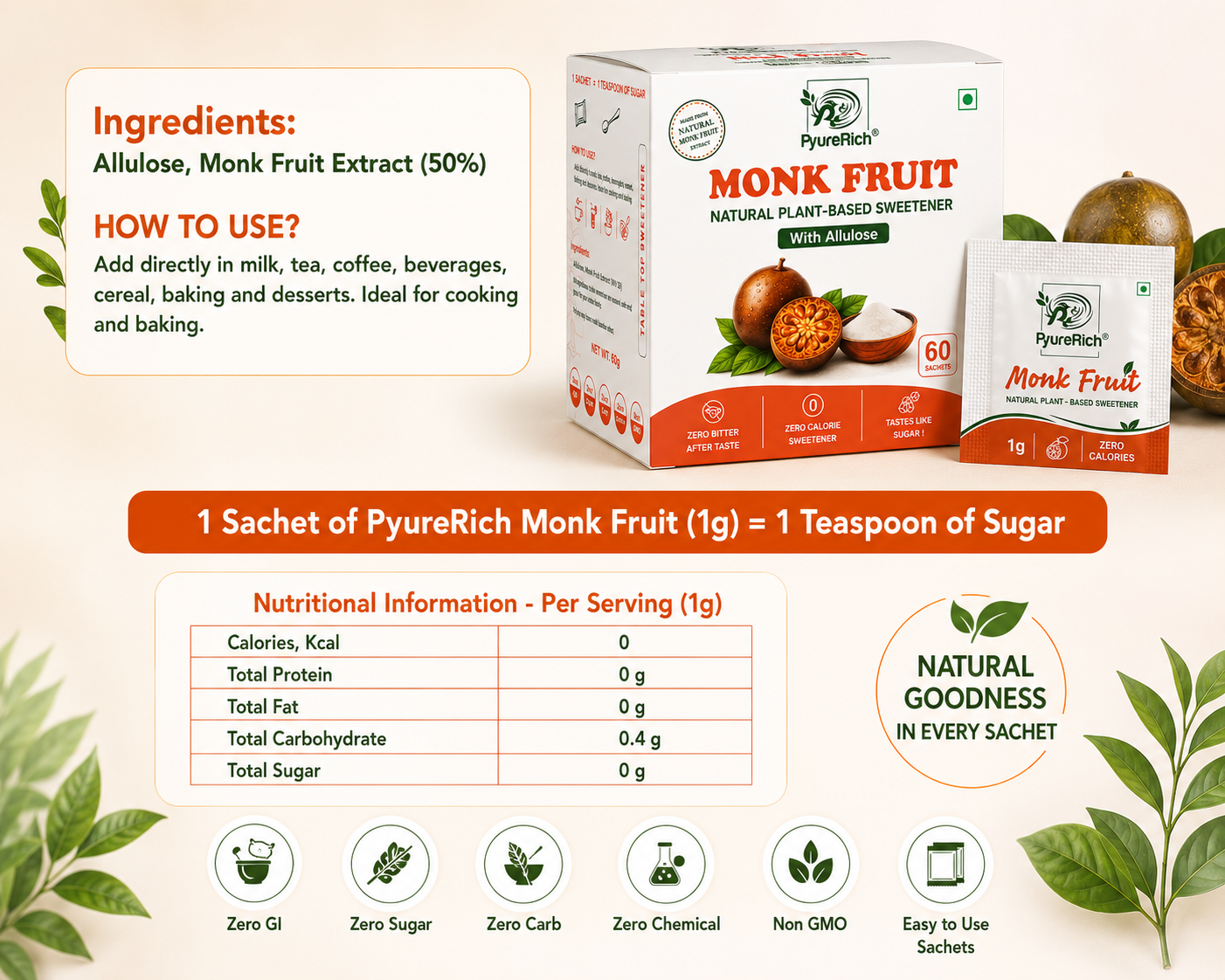 PyureRich® Monk Fruit Sweetener Sachets (with Allulose) – Natural Sugar Substitute