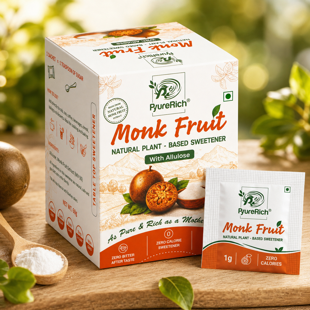PyureRich® Monk Fruit Sweetener Sachets (with Allulose) – Natural Sugar Substitute
