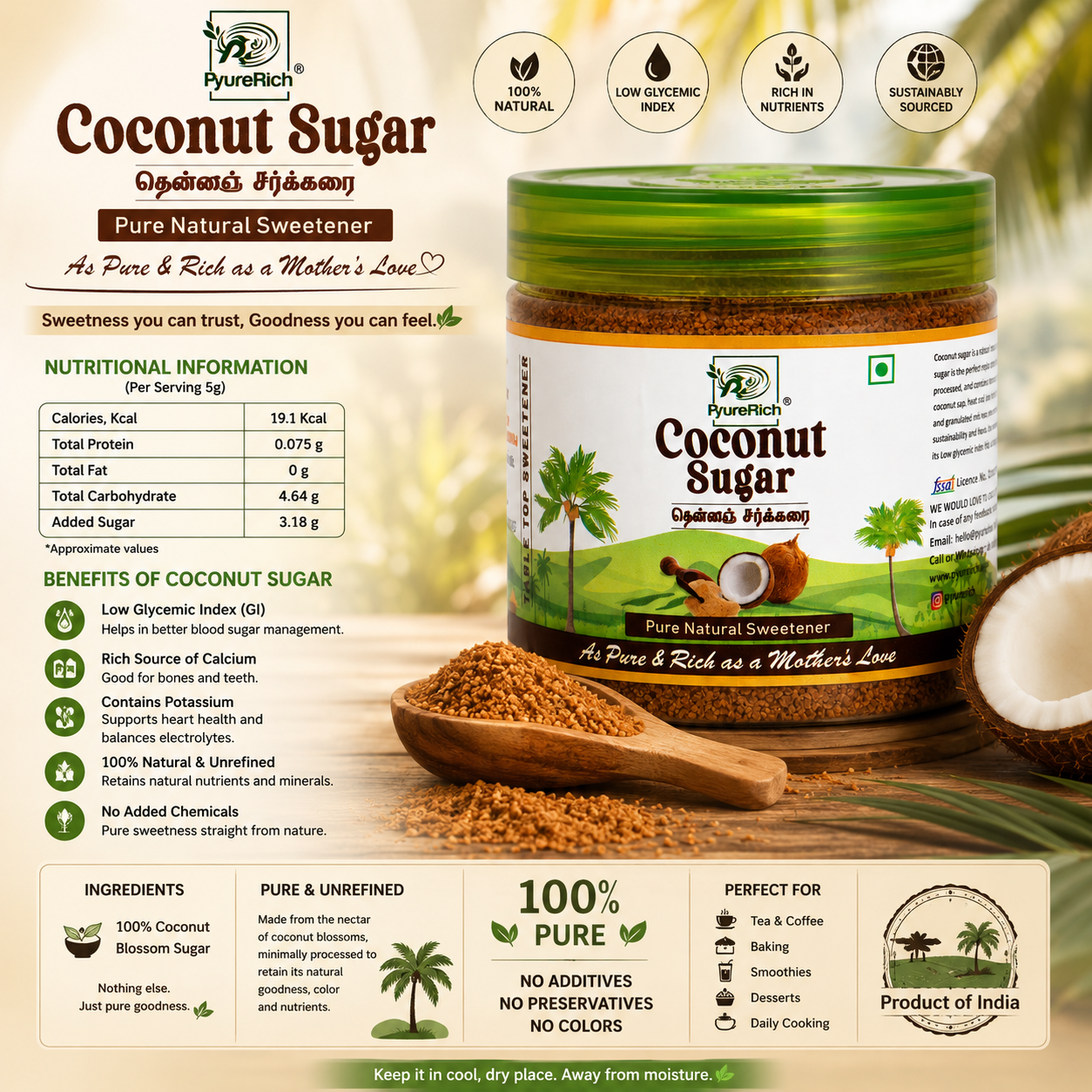PyureRich® Coconut Sugar 250g – 100% Natural Coconut Blossom Sugar | Unrefined Sweetener