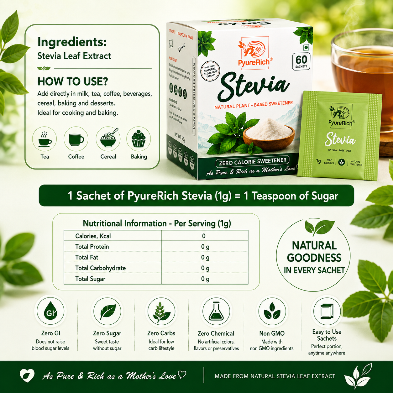 PyureRich® Stevia Sweetener Sachets – Natural Sugar Substitute