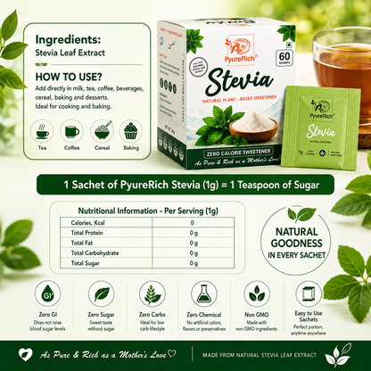 PyureRich® Stevia Sweetener Sachets – Natural Sugar Substitute