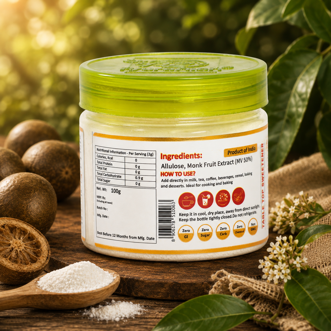 PyureRich® Monk Fruit Sweetener 100g (with Allulose) – Natural Sugar Substitute