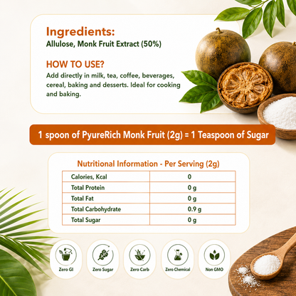 PyureRich® Monk Fruit Sweetener 100g (with Allulose) – Natural Sugar Substitute