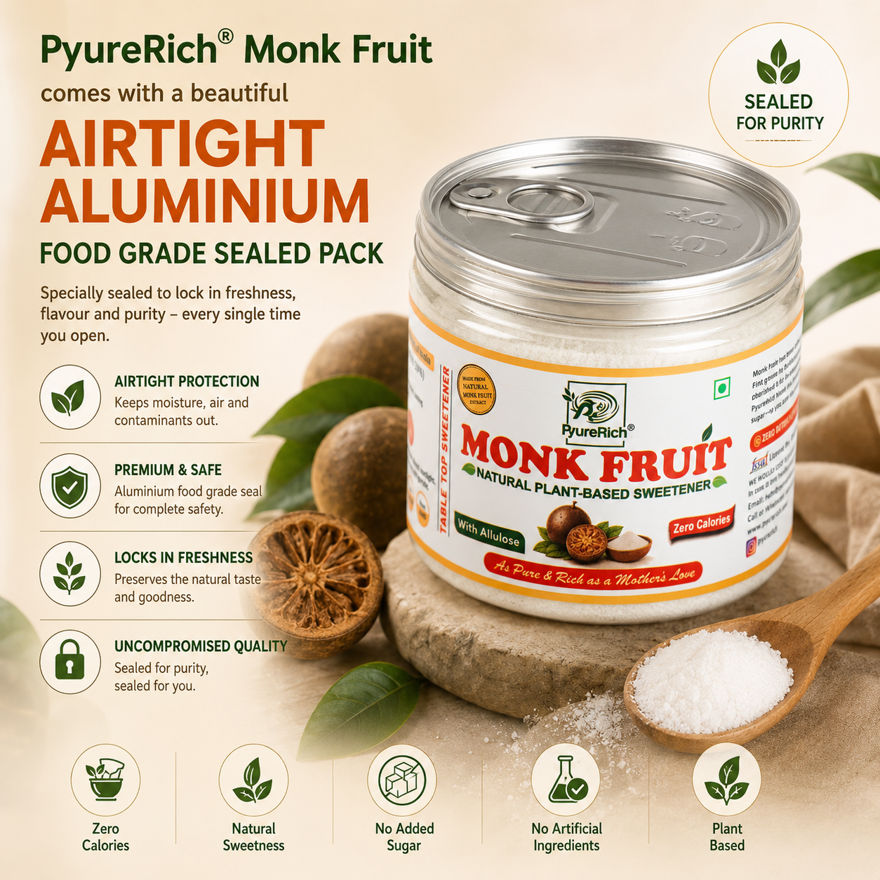 PyureRich® Monk Fruit Sweetener 100g (with Allulose) – Natural Sugar Substitute